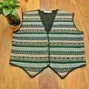 Vintage BohoOversized Green Multicolored Button V-neck  Sweater Vest